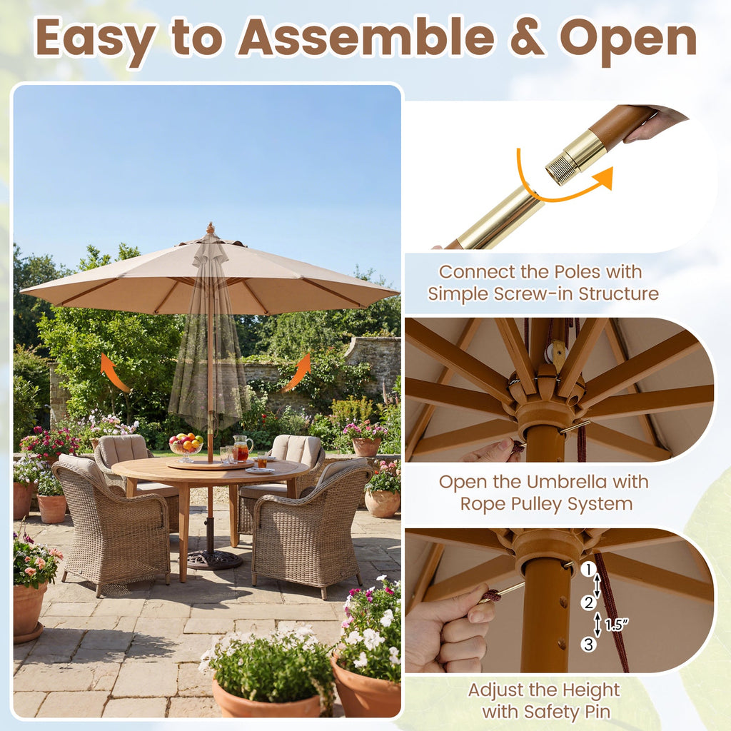 9 FT Patio Umbrella Table Market Umbrella with 8 Sturdy Bamboo Ribs