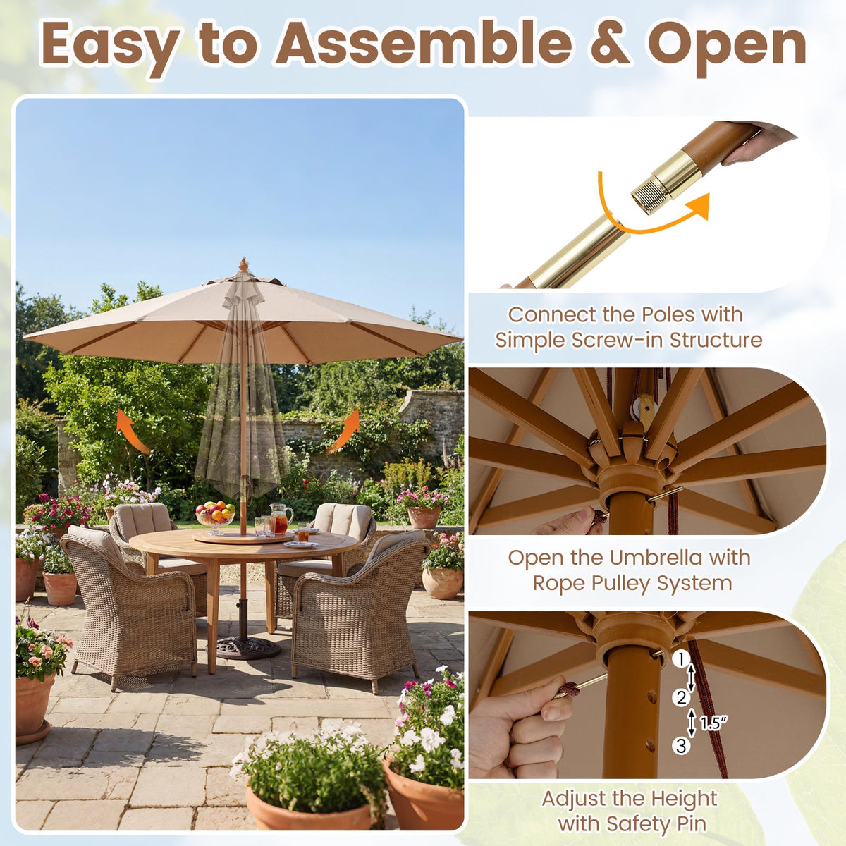 9 FT Patio Umbrella Table Market Umbrella with 8 Sturdy Bamboo Ribs