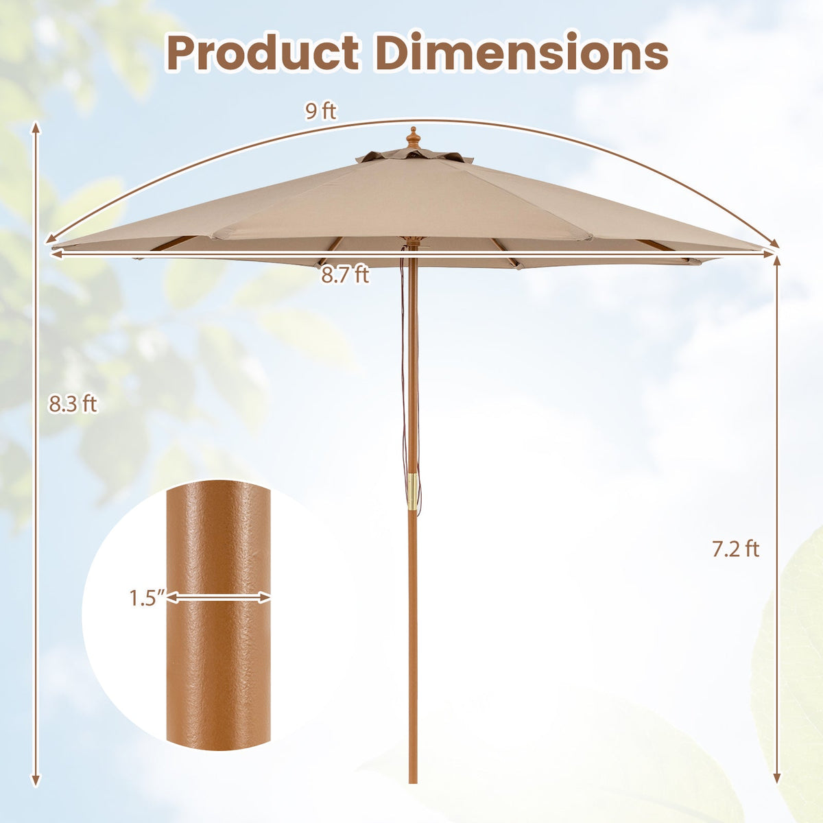 9 FT Patio Umbrella Table Market Umbrella with 8 Sturdy Bamboo Ribs