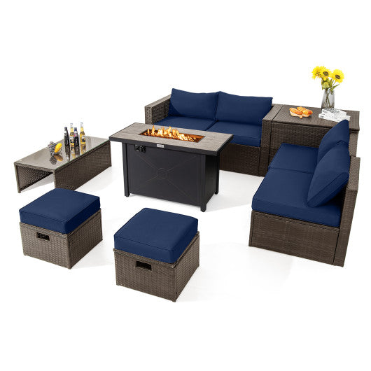 9 Pieces Patio Furniture Set with 42 Inch Propane Fire Pit Table-Navy