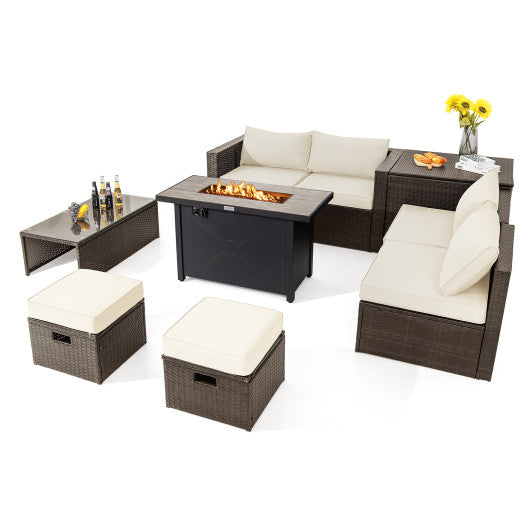 9 Pieces Patio Set with 42 Inch Propane Fire Pit Table-White
