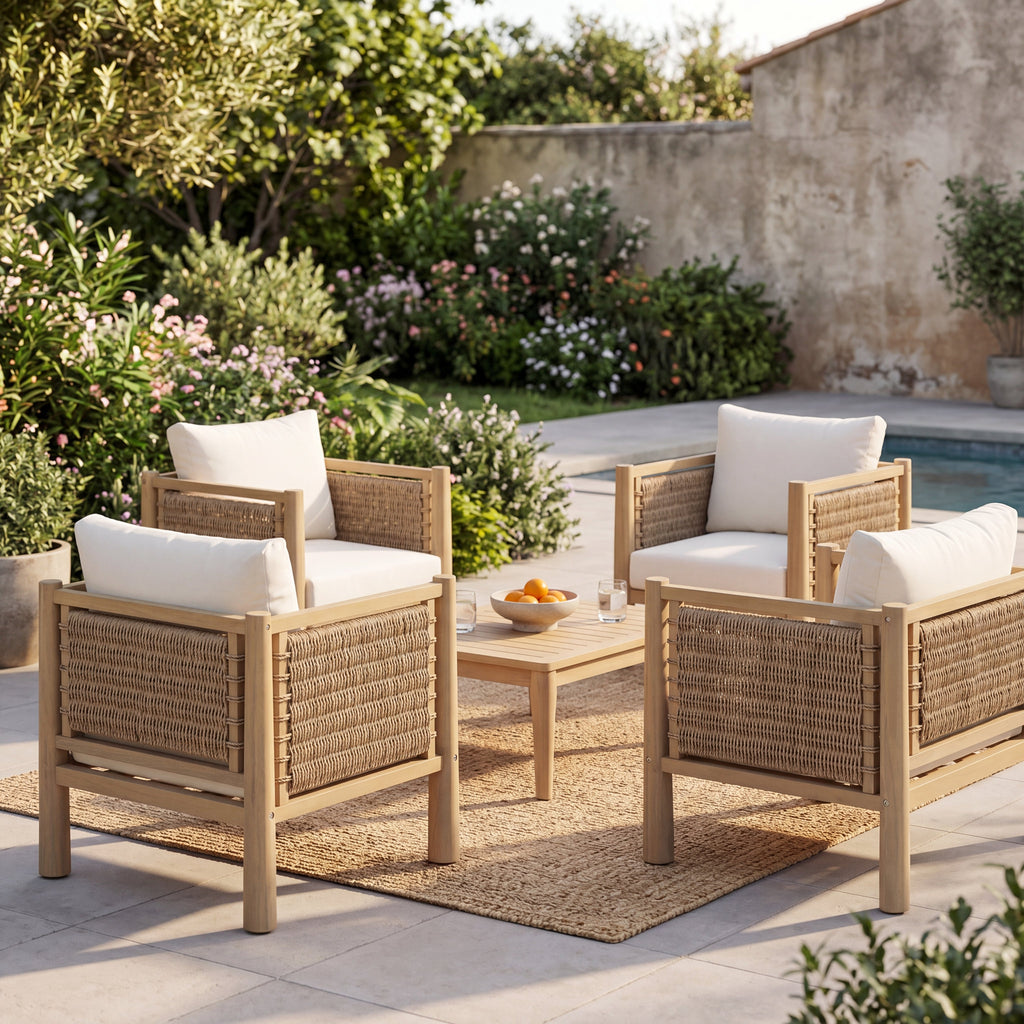 Set of 4 Outdoor Acacia Wood Patio Chairs with Handwoven Rattan - Light Brown