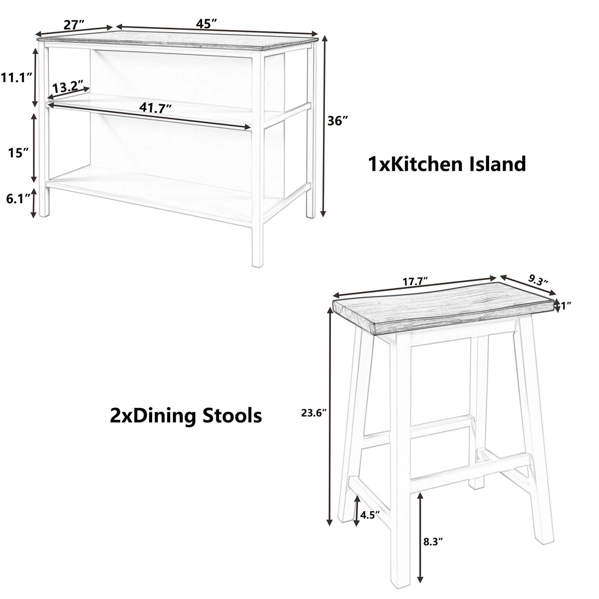 Rustic 3 Piece Stationary Kitchen Island Set With 2 Seats