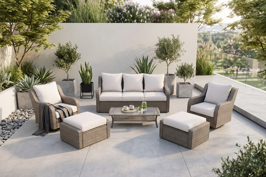 Luxury Rattan Patio Conversation Set with Swivel Chairs & Sofa - Light Gray