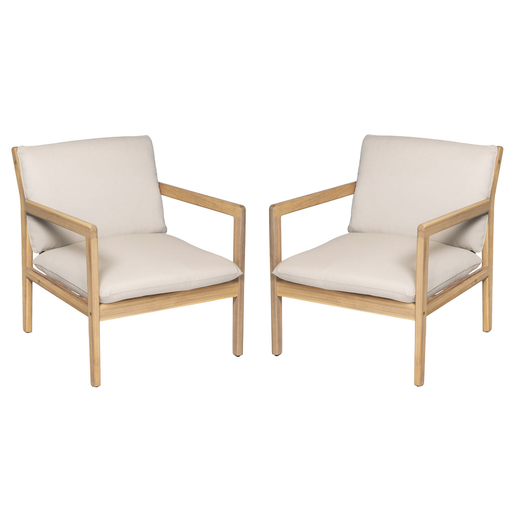 Outdoor Acacia Wood Armchair, Set of 2, Patio Club Chair with Cushions, Light Teak
