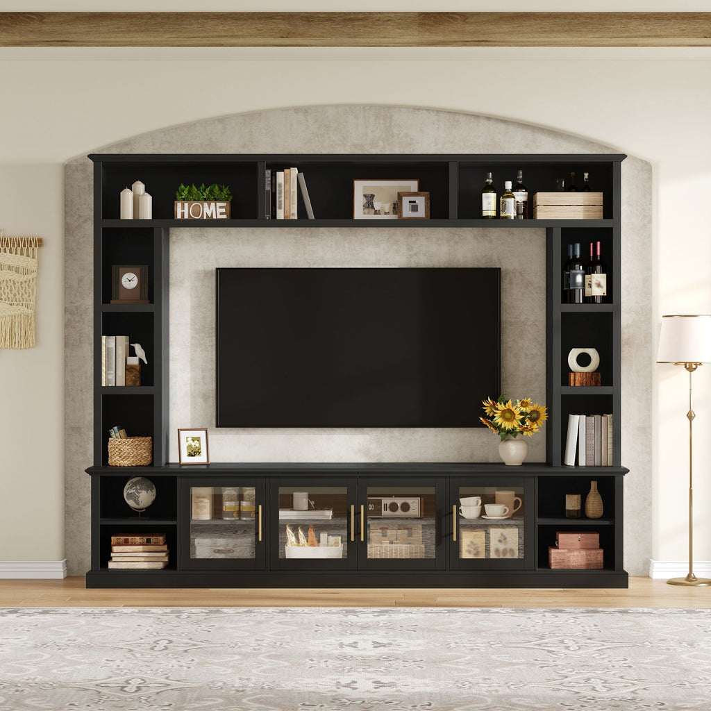 All-In-One Entertainment Center With Bookshelves & Tempered Glass Doors