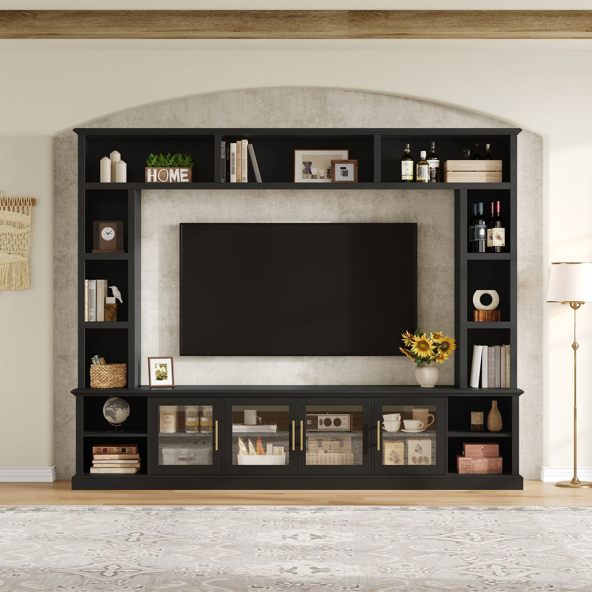 All-In-One Entertainment Center With Bookshelves & Tempered Glass Doors