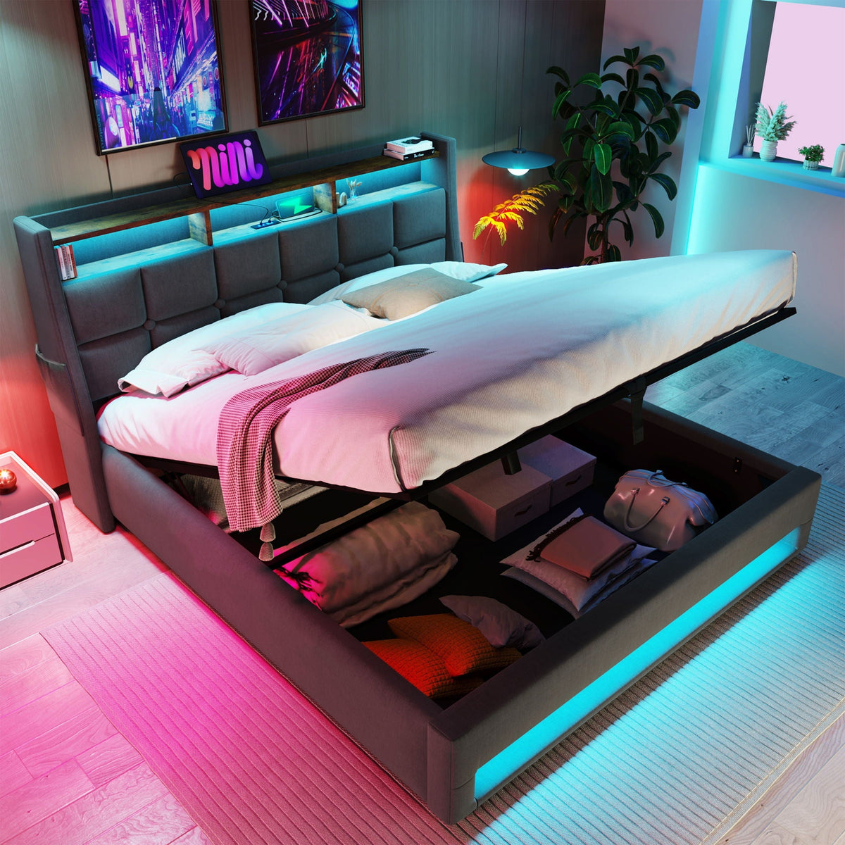 Upholstered Platform Bed With A Hydraulic Storage System, LED And USB Charging