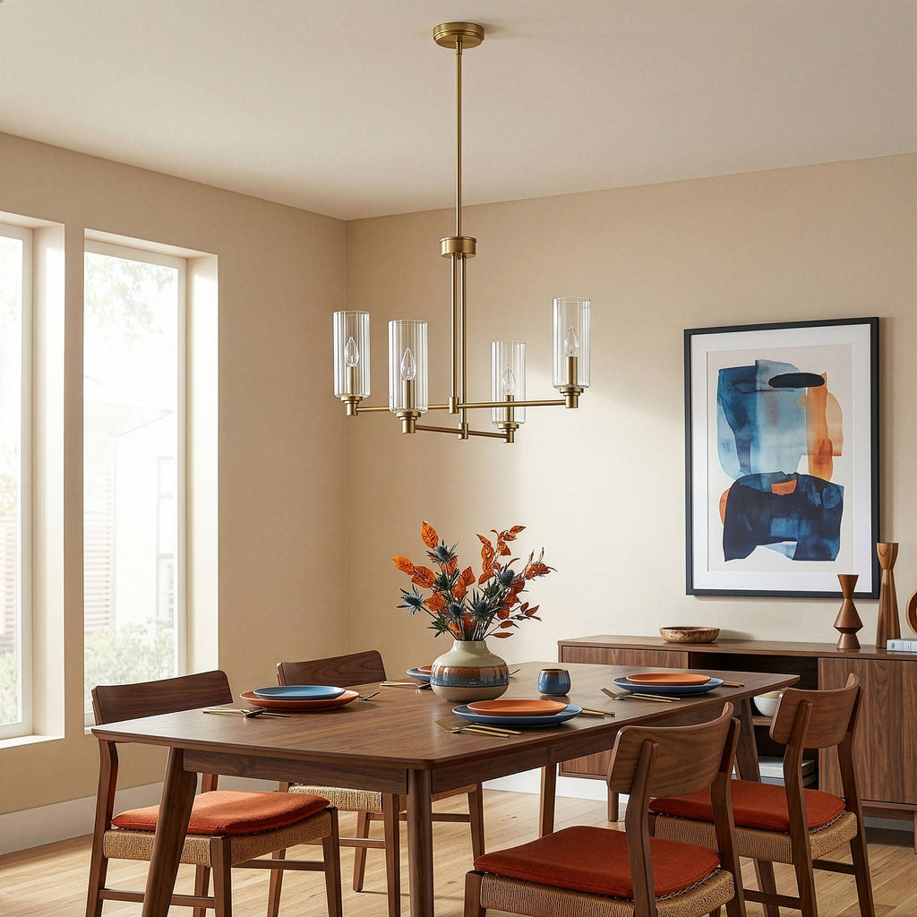 4 Lights Chandelier With Clear Ribbed Satin - Antique Brass