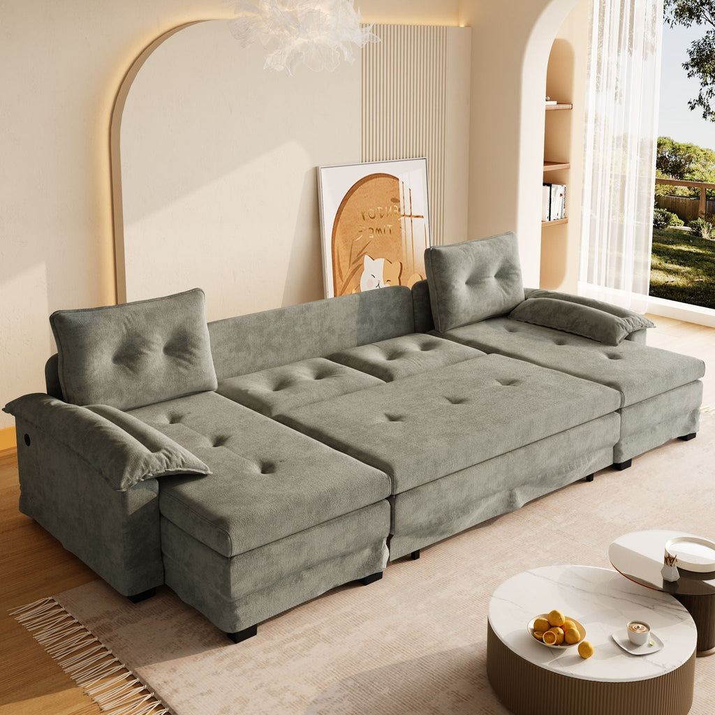 U-Shaped Sleeper Sofa With Pull Out Bed, Removable Armrests & USB Ports