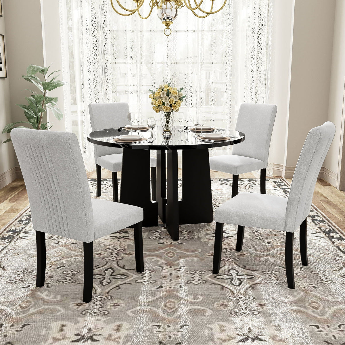 5 Piece Round Dining Table Set, Dining Table And 4 Upholstered Chairs