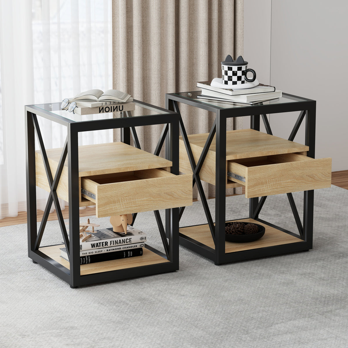 Set of 2 Modern End Table with Drawer
