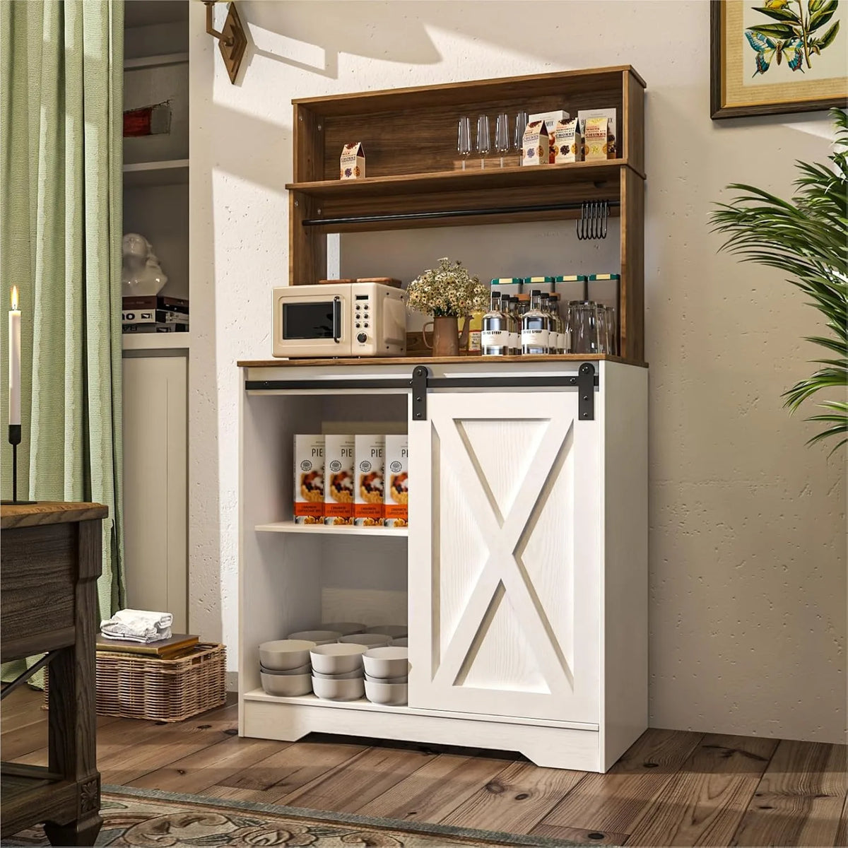 Coffee Bar Cabinet with LED Light, 55 Inch Bakers Rack with Storage