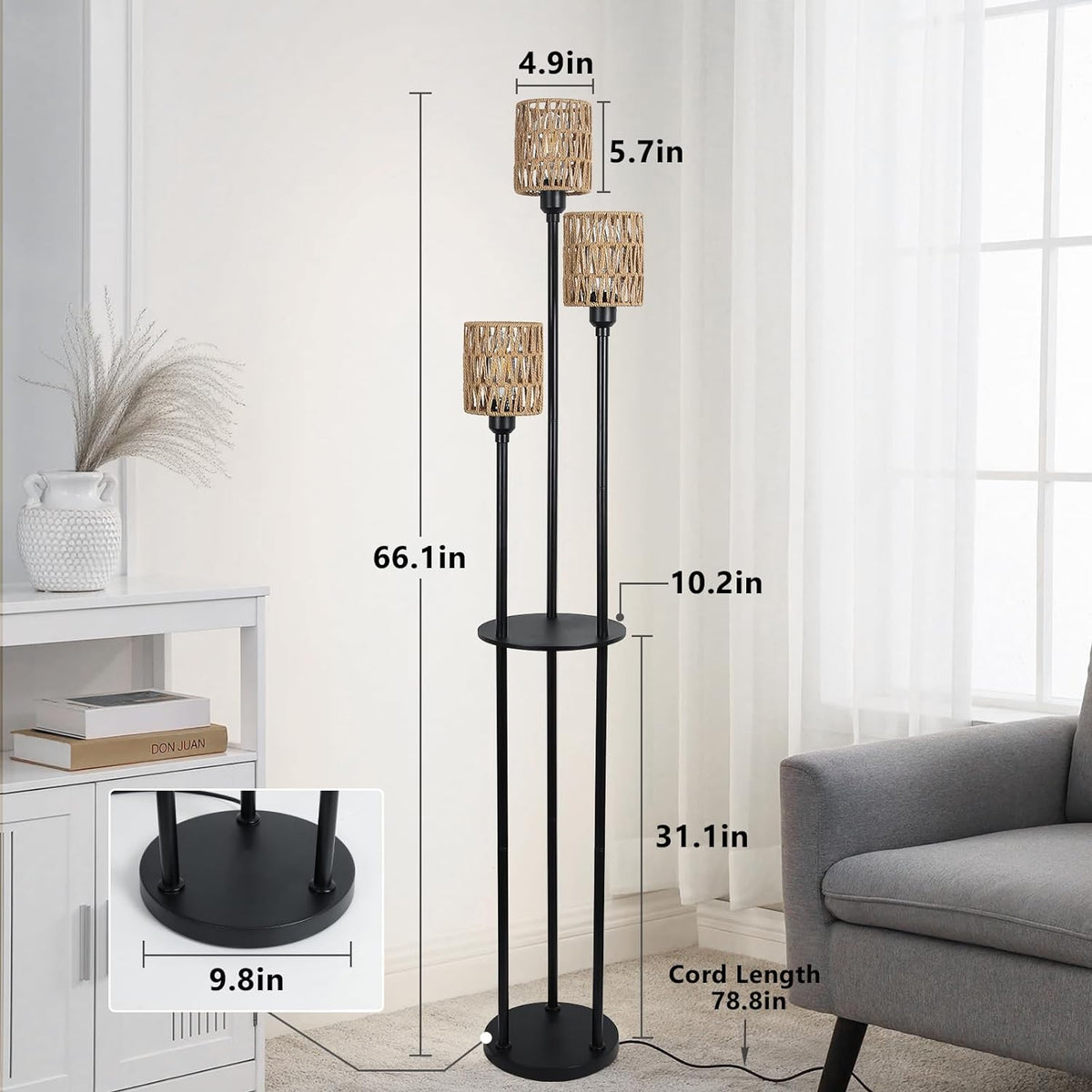 Boho Floor Lamp with Shelves 3-Lights