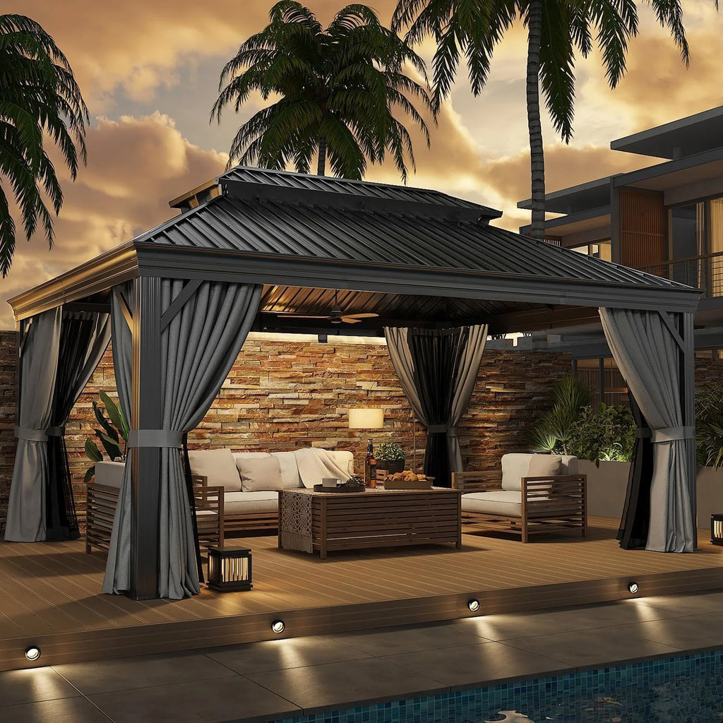 16x12 FT Heavy Duty Outdoor Gazebo Hardtop with Gutter Drainage System