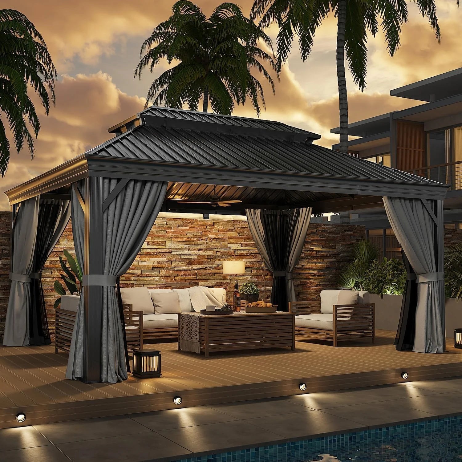 16x12 FT Heavy Duty Outdoor Gazebo Hardtop with Gutter Drainage System