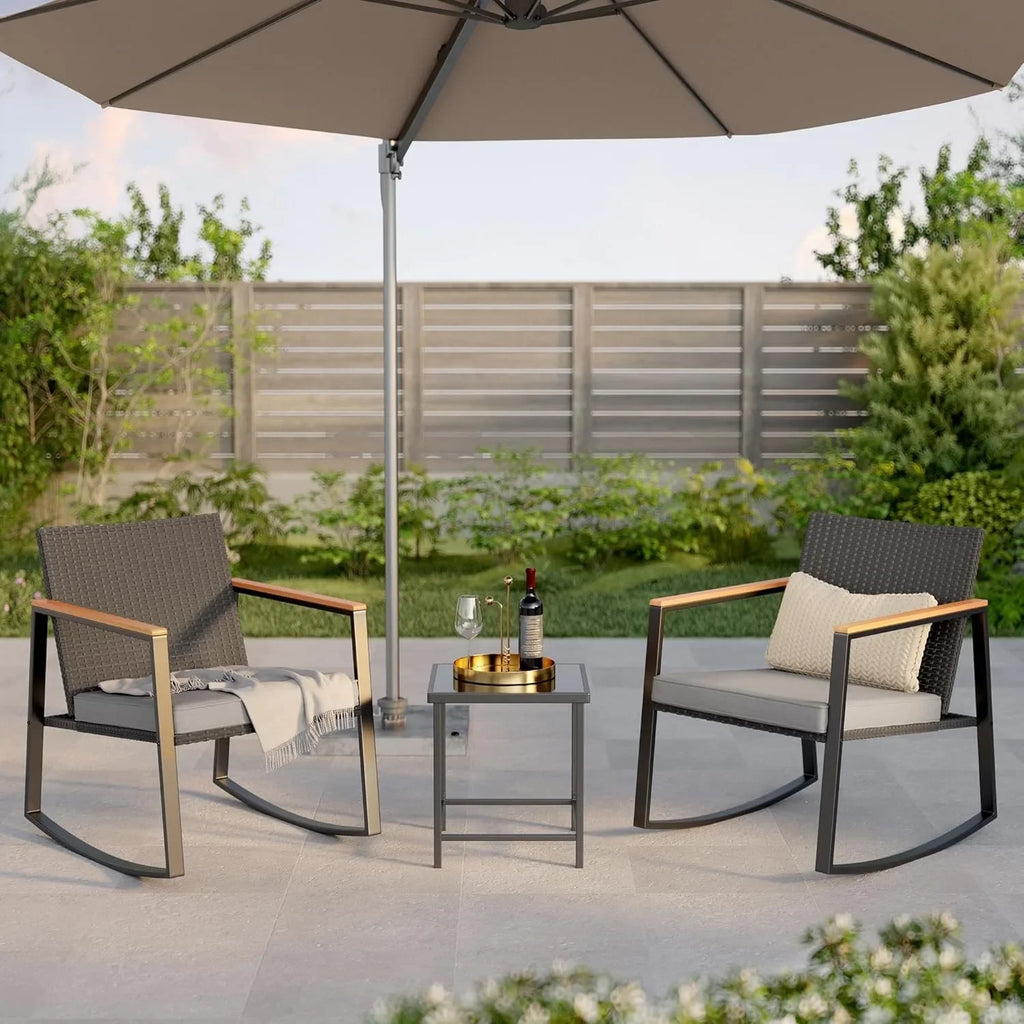 3 Pieces Rocking Patio Set with Armrest, with Glass Table and Cushion