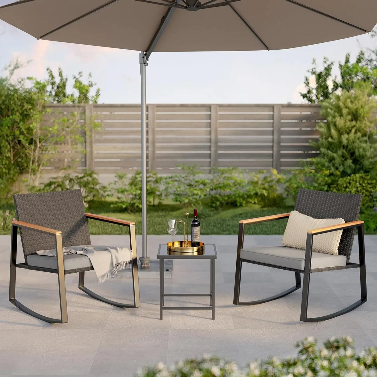 3 Pieces Rocking Patio Set with Armrest, with Glass Table and Cushion