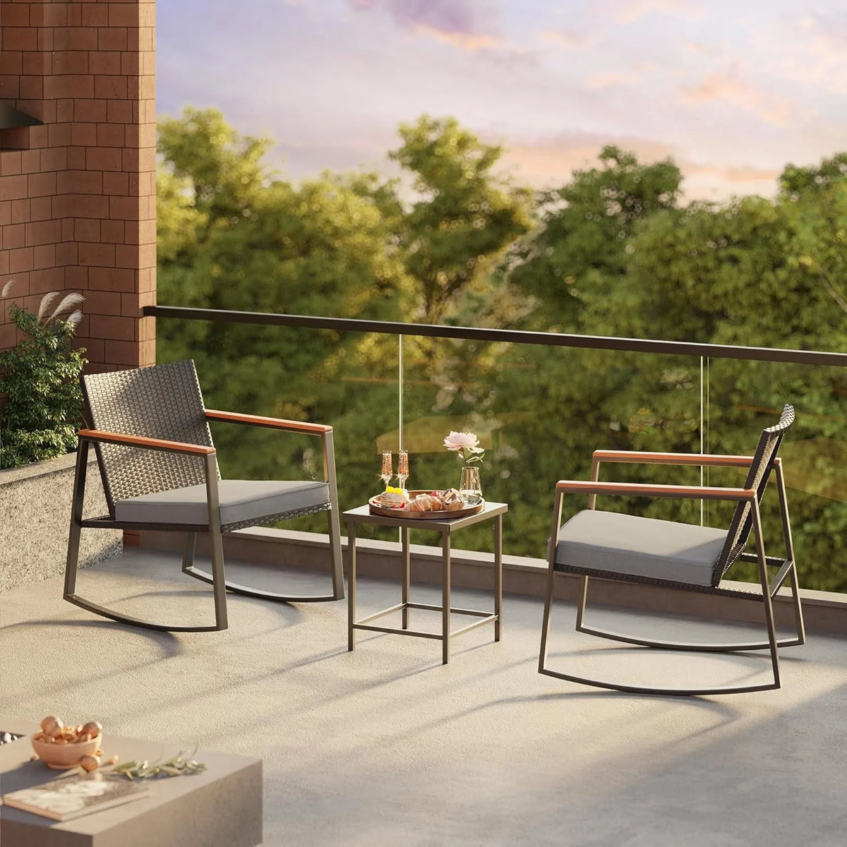 3 Pieces Rocking Patio Set with Armrest, with Glass Table and Cushion