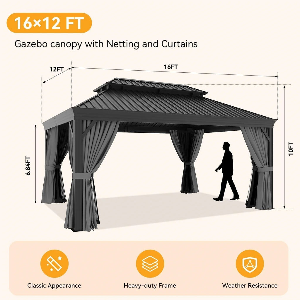 16x12 FT Heavy Duty Outdoor Gazebo Hardtop with Gutter Drainage System