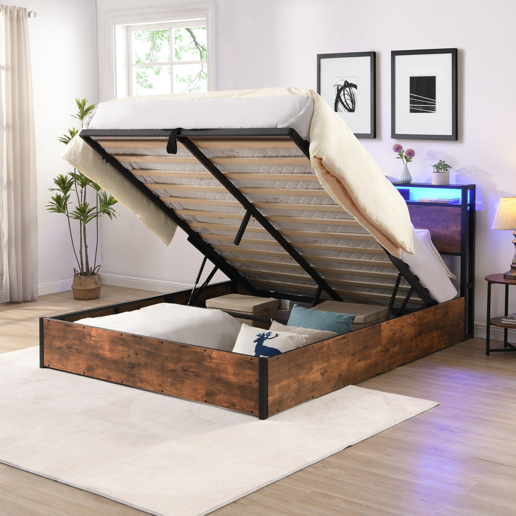 Elevating storage bed frame, full-size bed frame with bookshelf headboard and LED lights