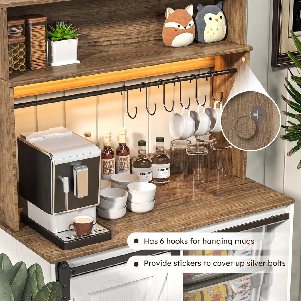 Coffee Bar Cabinet with LED Light, 55 Inch Bakers Rack with Storage