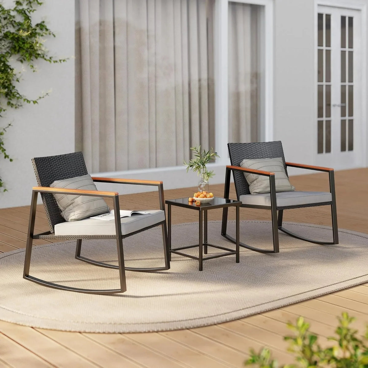 3 Pieces Rocking Patio Set with Armrest, with Glass Table and Cushion