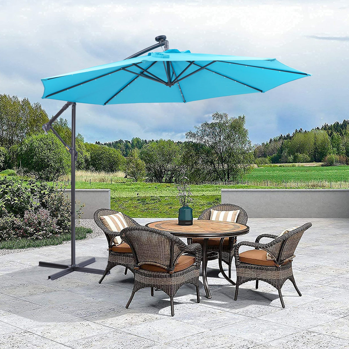 10 FT Solar LED Patio Outdoor Umbrella Hanging Cantilever Umbrella Offset Umbrella