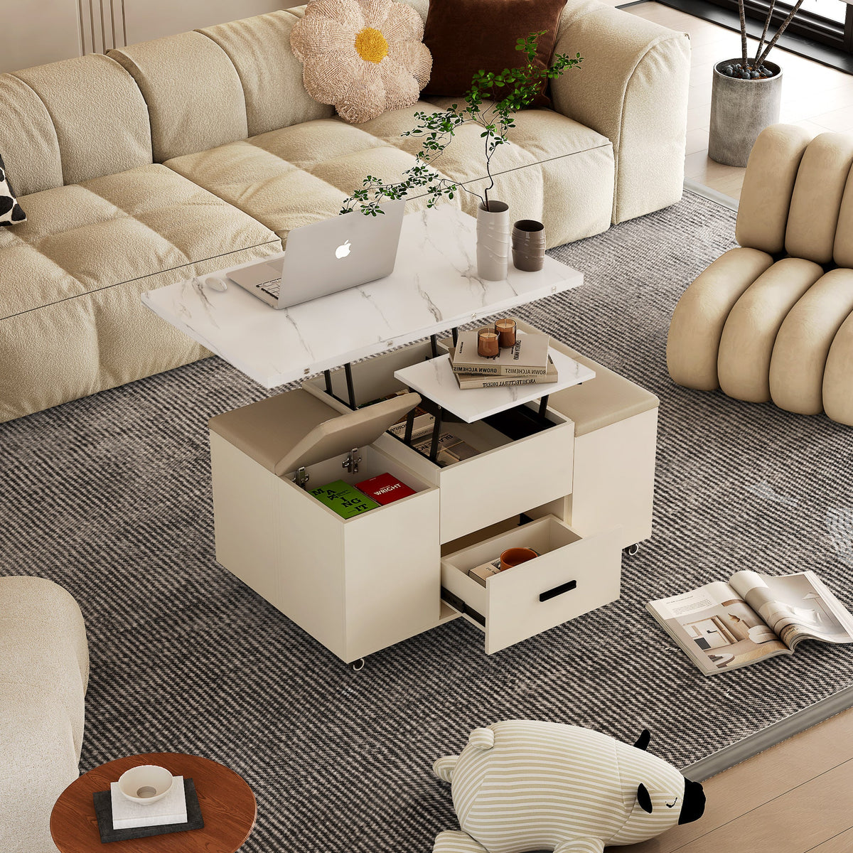 Modern lift coffee table, living room with 4 chairs, expandable, 1 hidden storage space