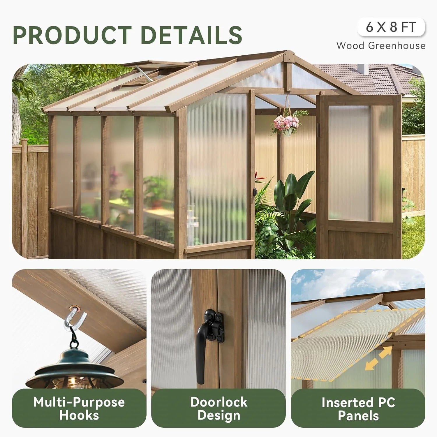 6x8ft Wooden Outdoor Greenhouse