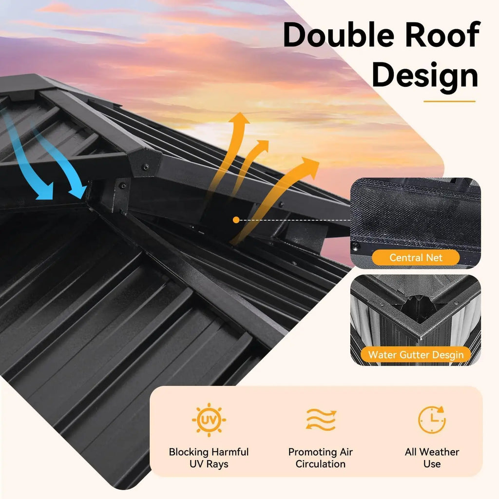 16x12 FT Heavy Duty Outdoor Gazebo Hardtop with Gutter Drainage System