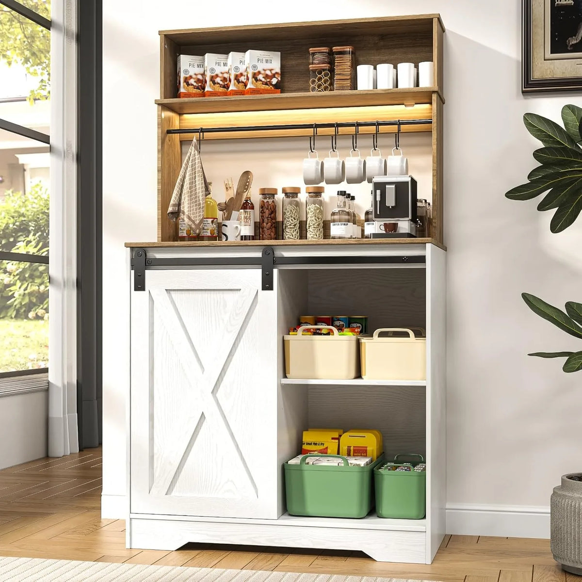 Coffee Bar Cabinet with LED Light, 55 Inch Bakers Rack with Storage