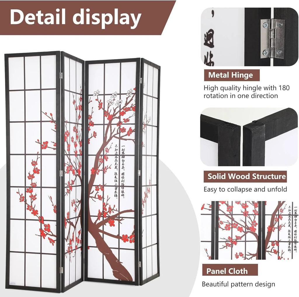 6ft Folding Privacy Divider 4 Panels Oriental Shoji Screen