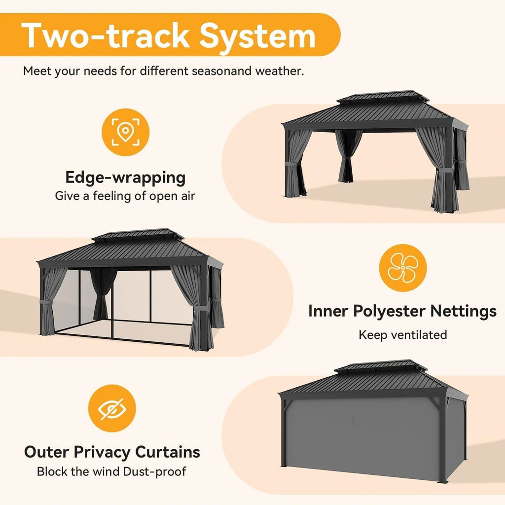 16x12 FT Heavy Duty Outdoor Gazebo Hardtop with Gutter Drainage System