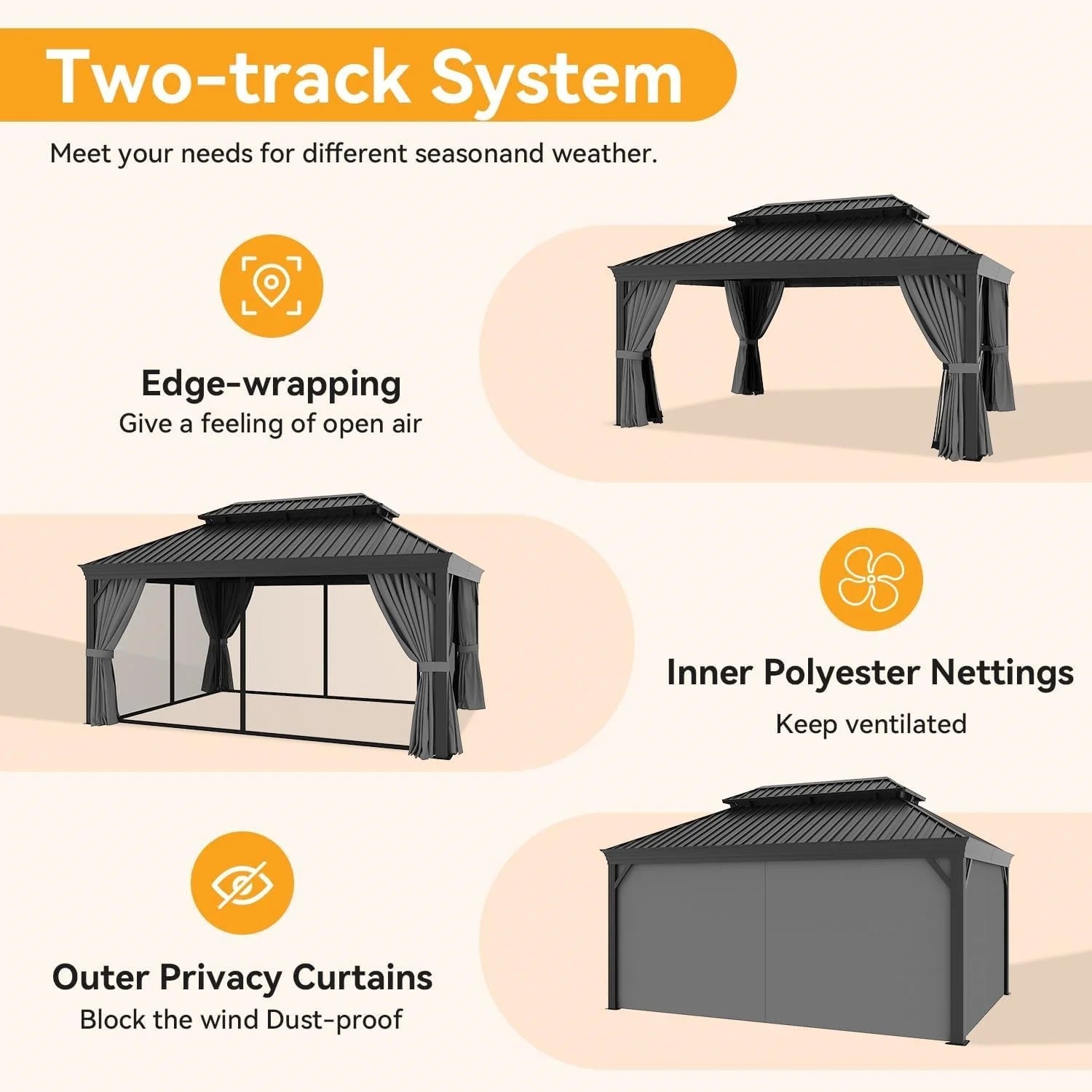 16x12 FT Heavy Duty Outdoor Gazebo Hardtop with Gutter Drainage System
