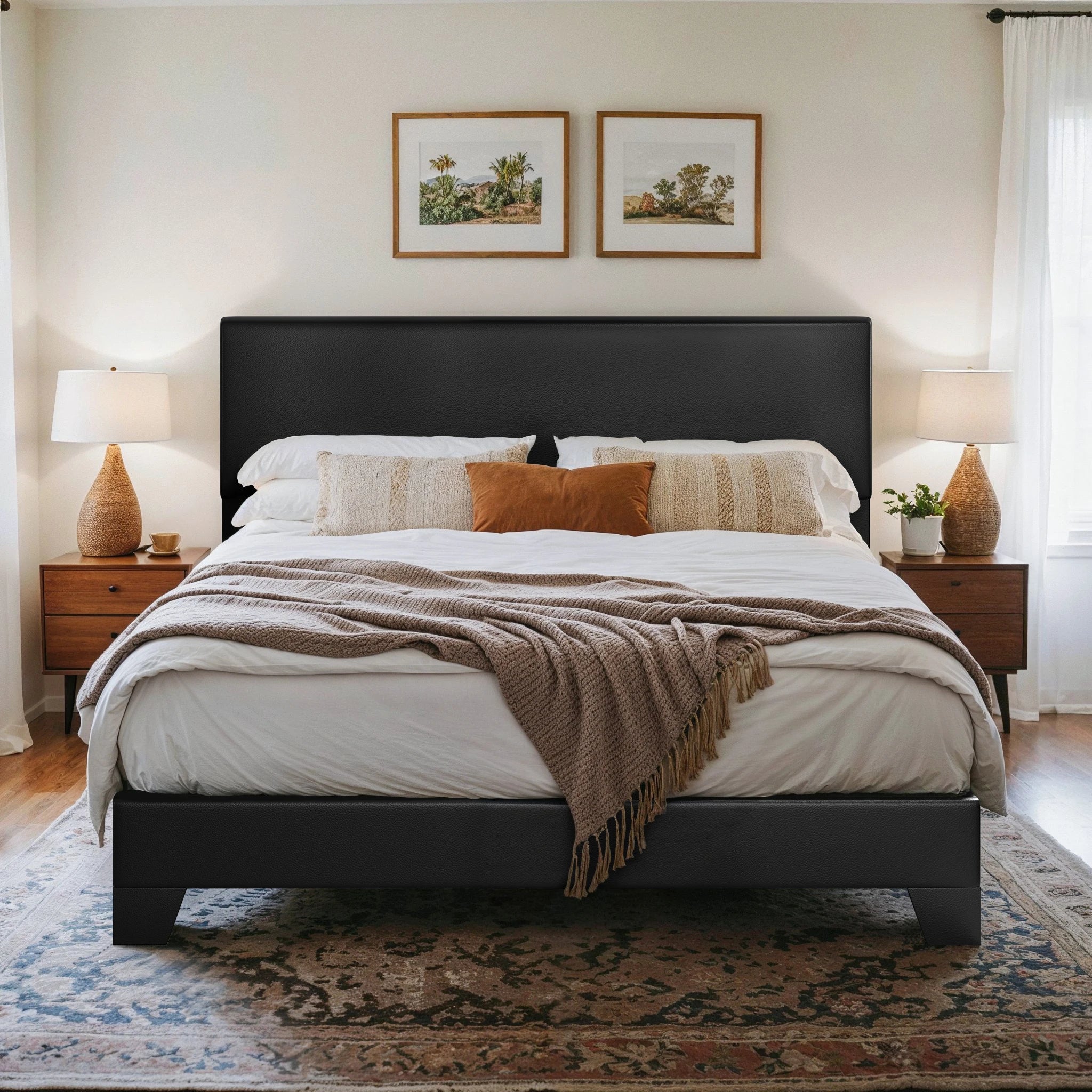 Upholstered Bed Frame with Adjustable Headboard, Soft Linen Fabric