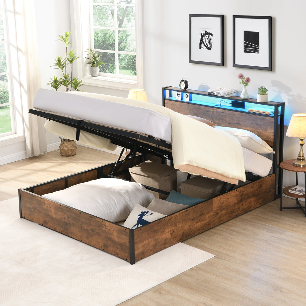 Elevating storage bed frame, full-size bed frame with bookshelf headboard and LED lights