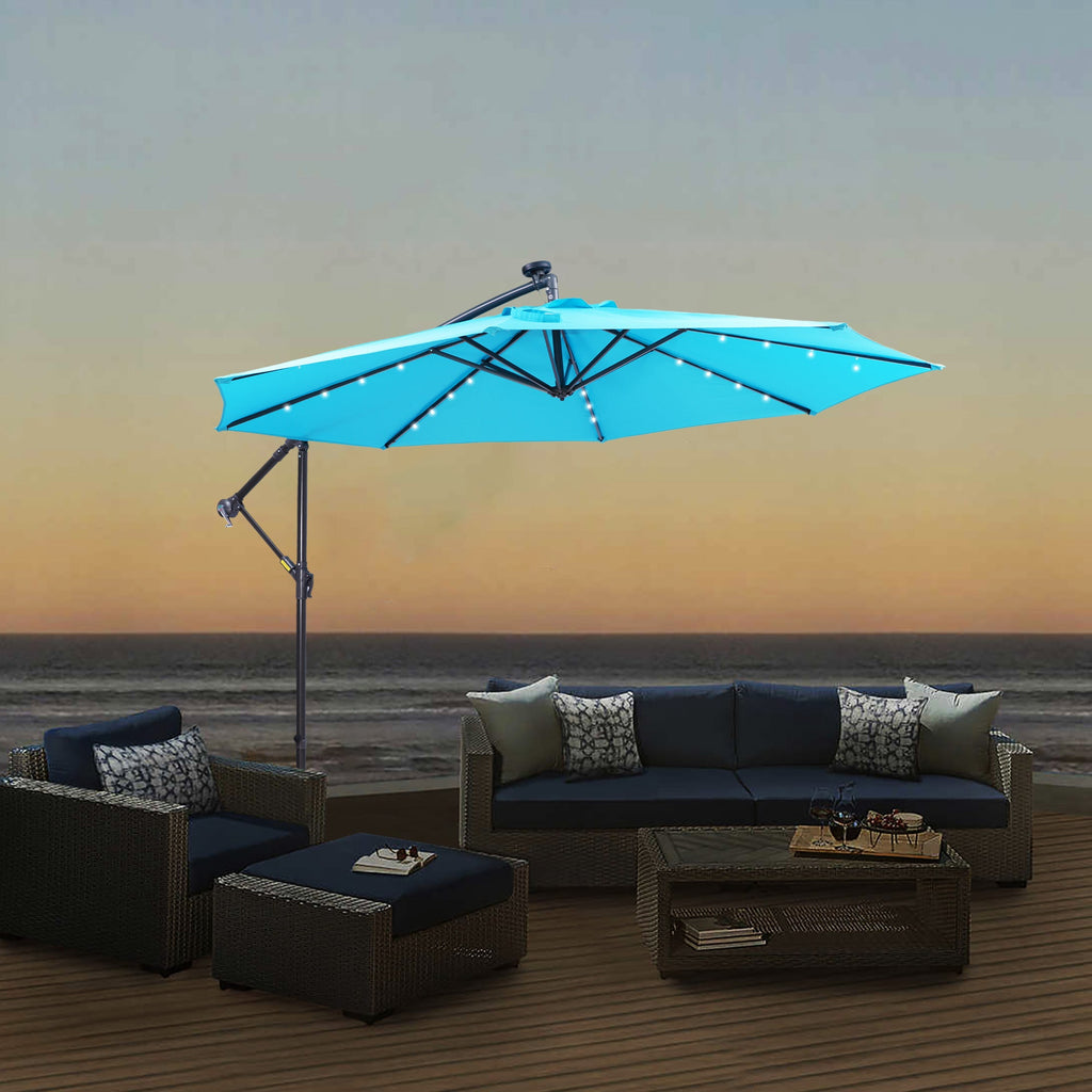 10 FT Solar LED Patio Outdoor Umbrella Hanging Cantilever Umbrella Offset Umbrella