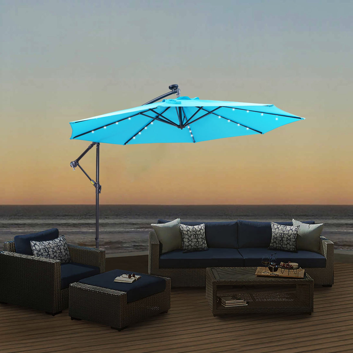 10 FT Solar LED Patio Outdoor Umbrella Hanging Cantilever Umbrella Offset Umbrella