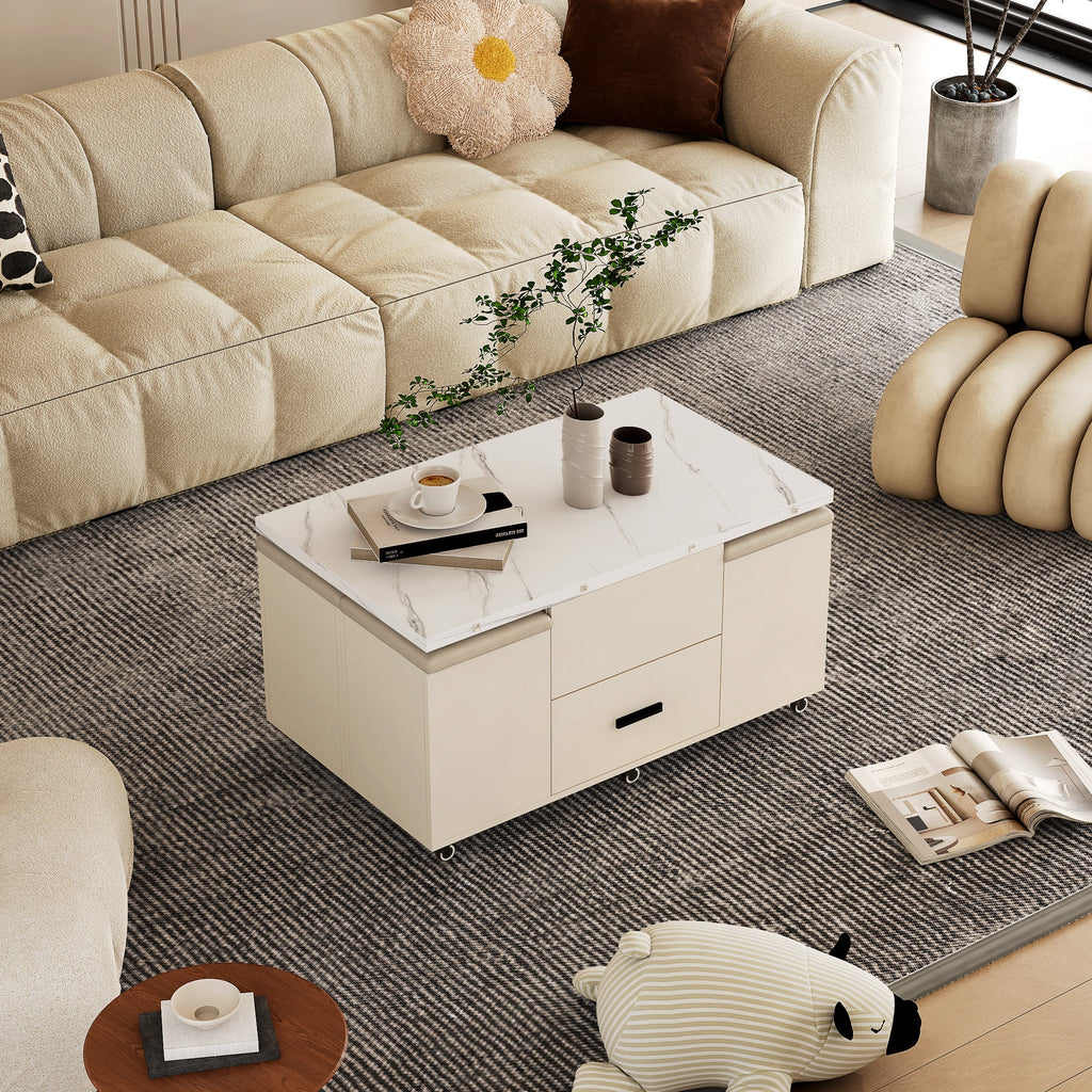 Modern lift coffee table, living room with 4 chairs, expandable, 1 hidden storage space