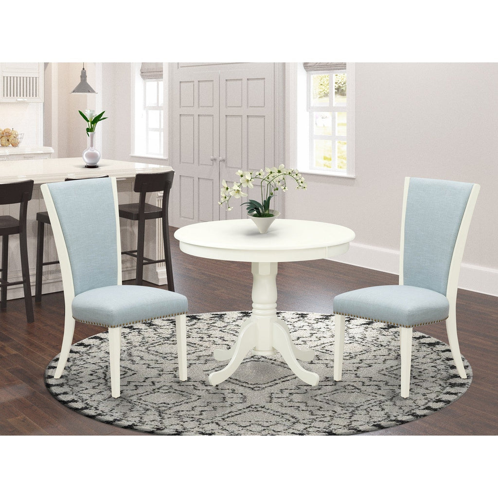 3 Pc Dining Room Set - 2 Baby Blue Linen Dining Chairs with High Back