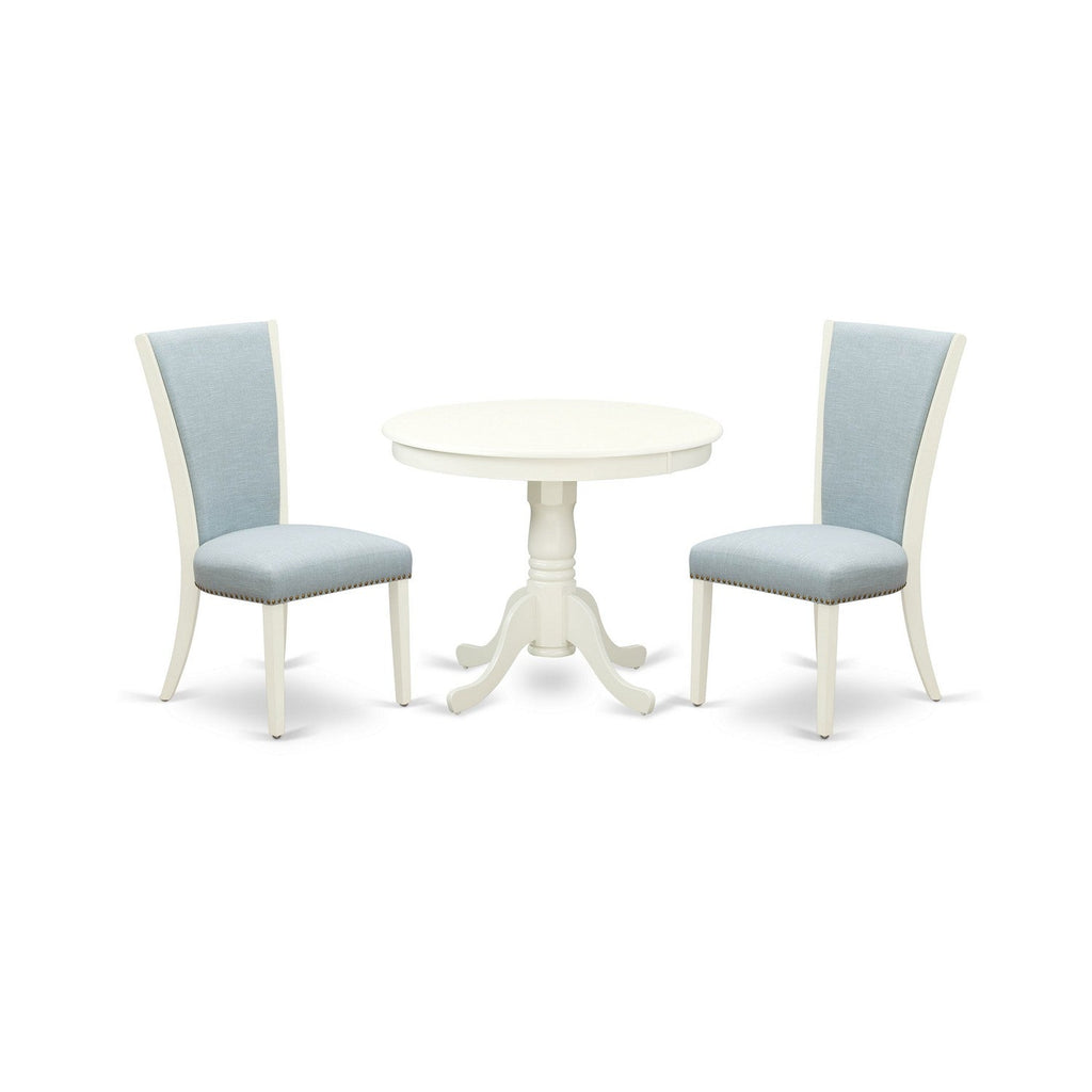 3 Pc Dining Room Set - 2 Baby Blue Linen Dining Chairs with High Back