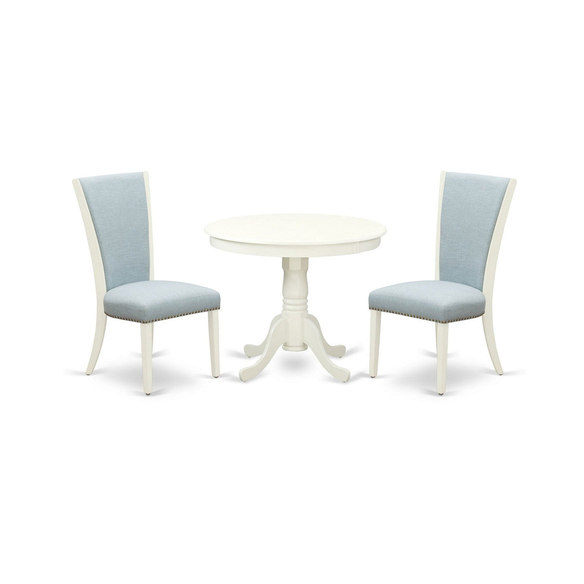 3 Pc Dining Room Set - 2 Baby Blue Linen Dining Chairs with High Back