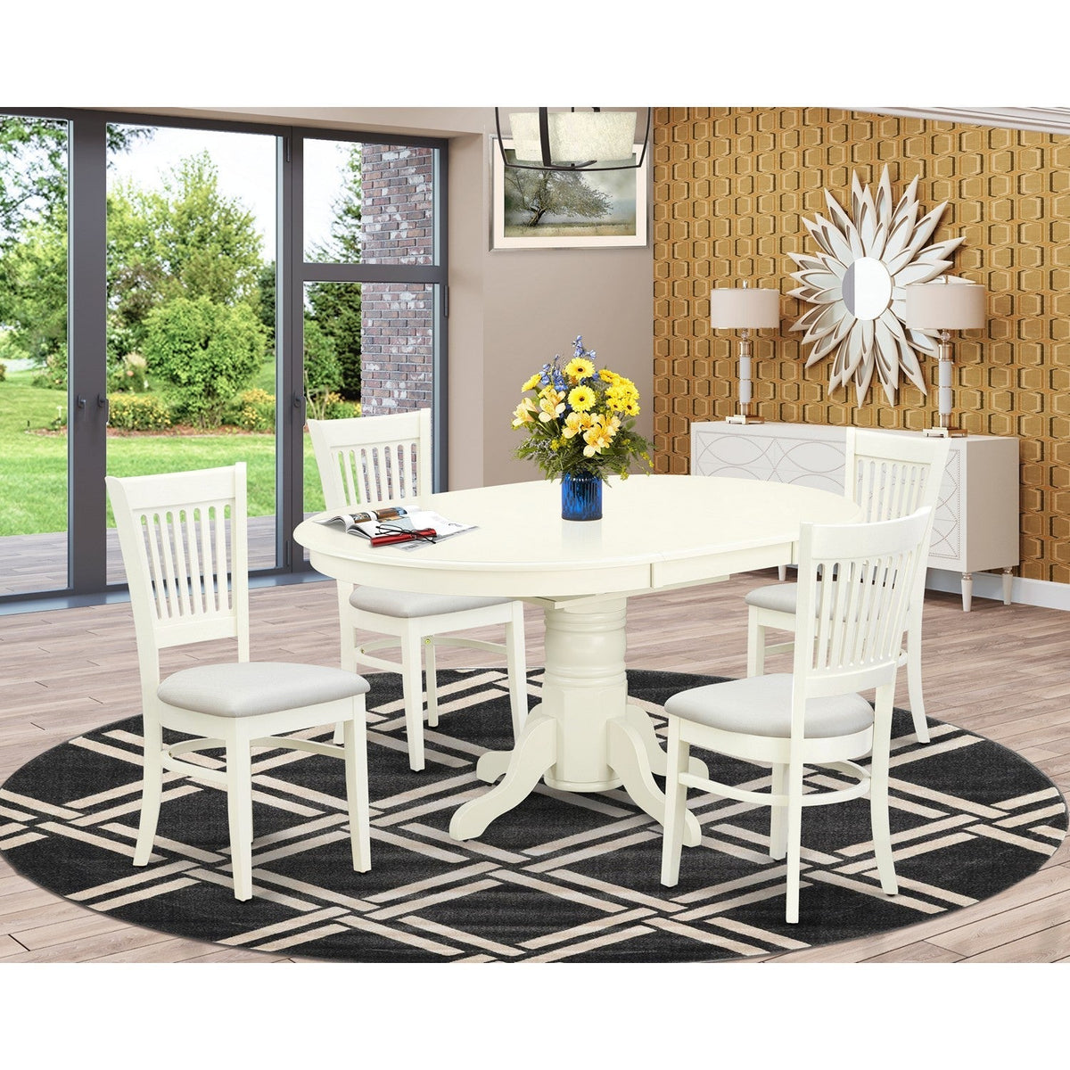 5-Pc Dinette Room Set- 4 Dining Chairs with Linen Seat and Slatted Chair Back