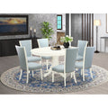 7 Piece Dining Room Set - 6 Baby Blue Linen Chairs with High Back and 1 Oval Dining Table