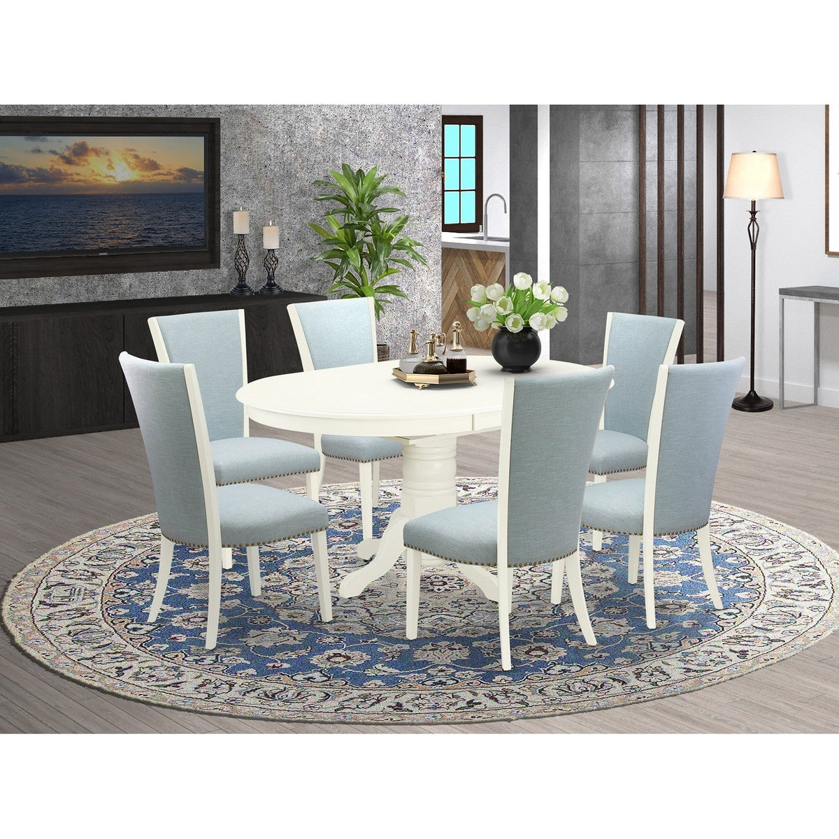 7 Piece Dining Room Set - 6 Baby Blue Linen Chairs with High Back and 1 Oval Dining Table