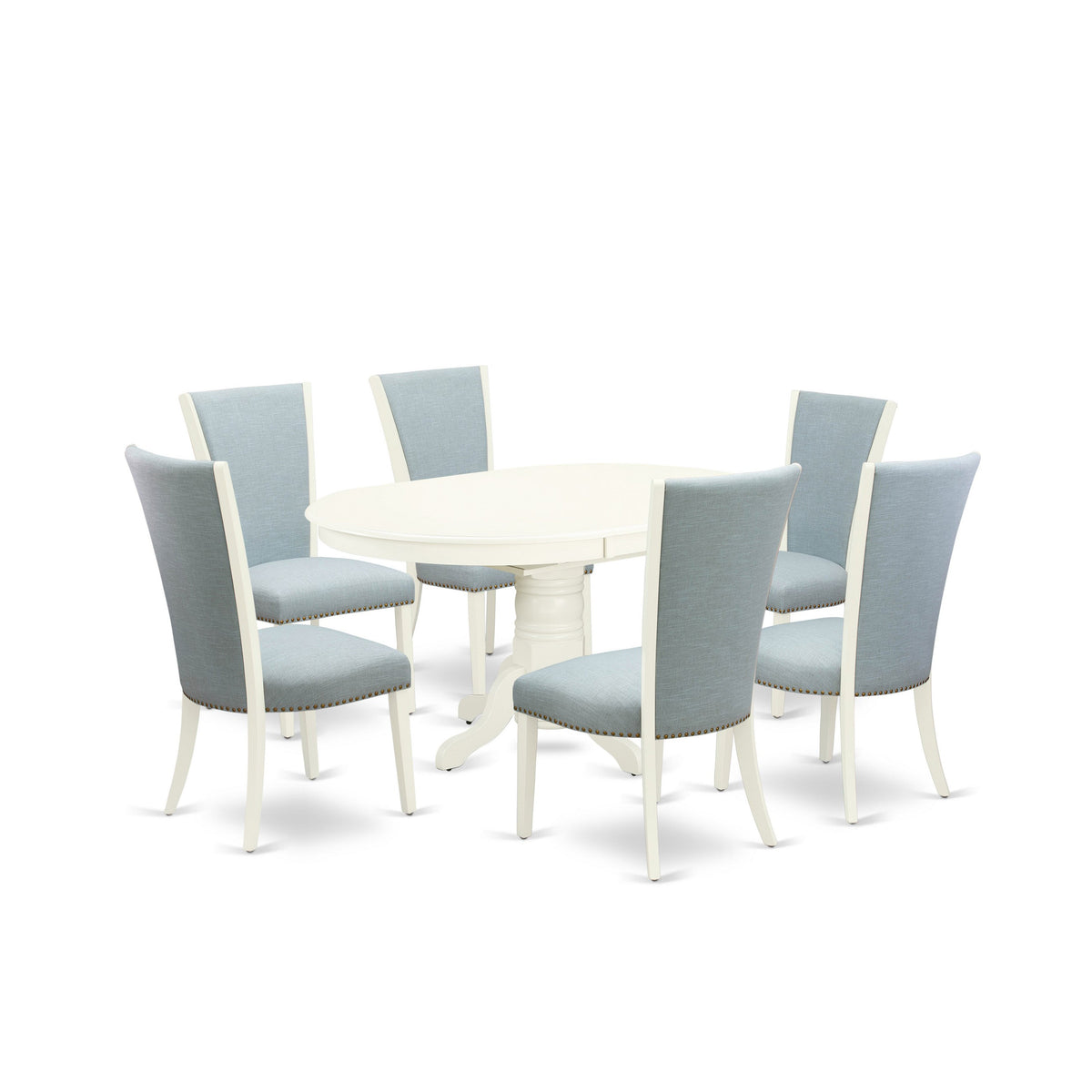 7 Piece Dining Room Set - 6 Baby Blue Linen Chairs with High Back and 1 Oval Dining Table