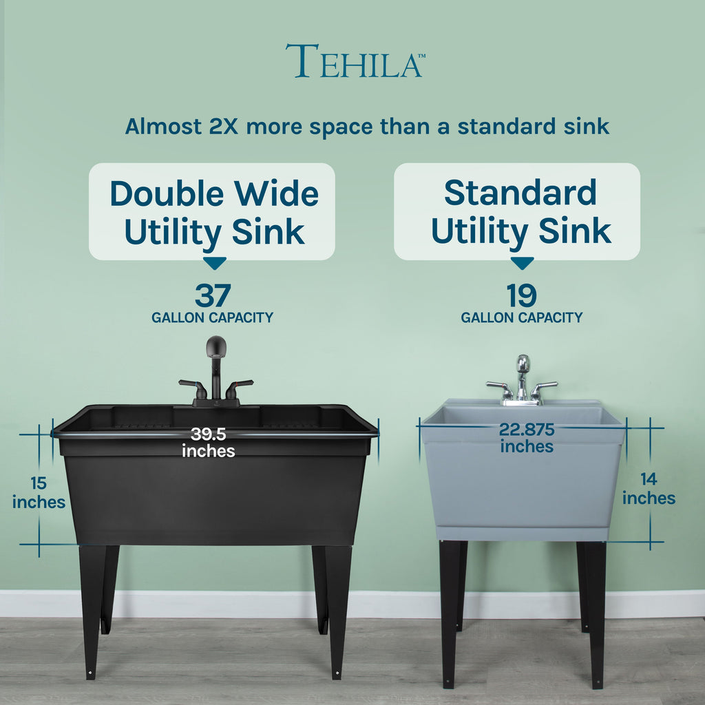 Tehila Freestanding Double-Wide Black Utility Sink with Steel Legs