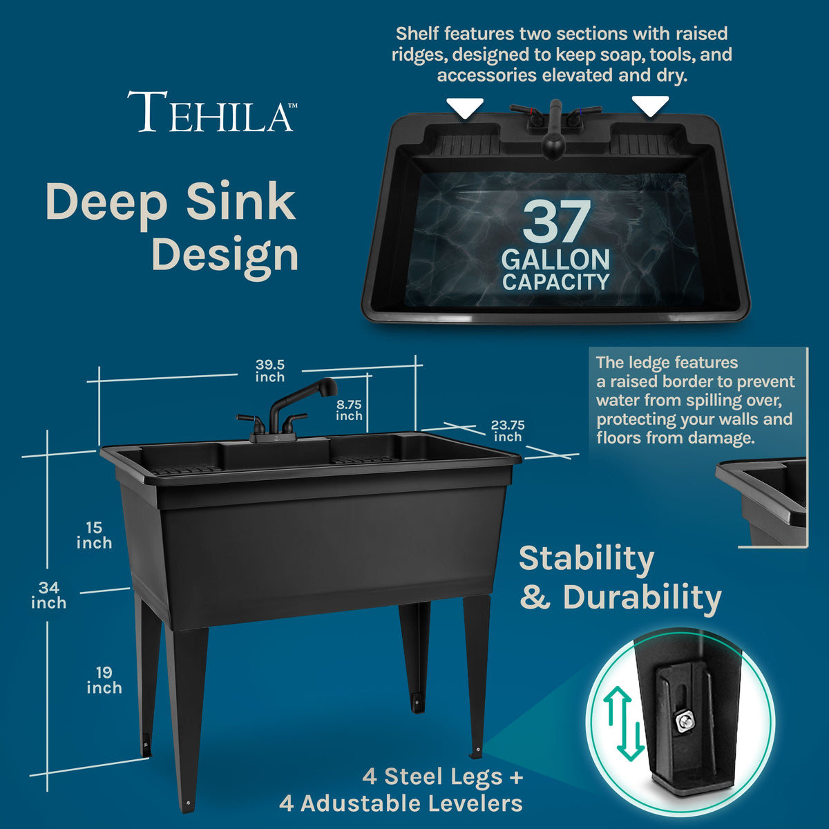 Tehila Freestanding Double-Wide Black Utility Sink with Steel Legs
