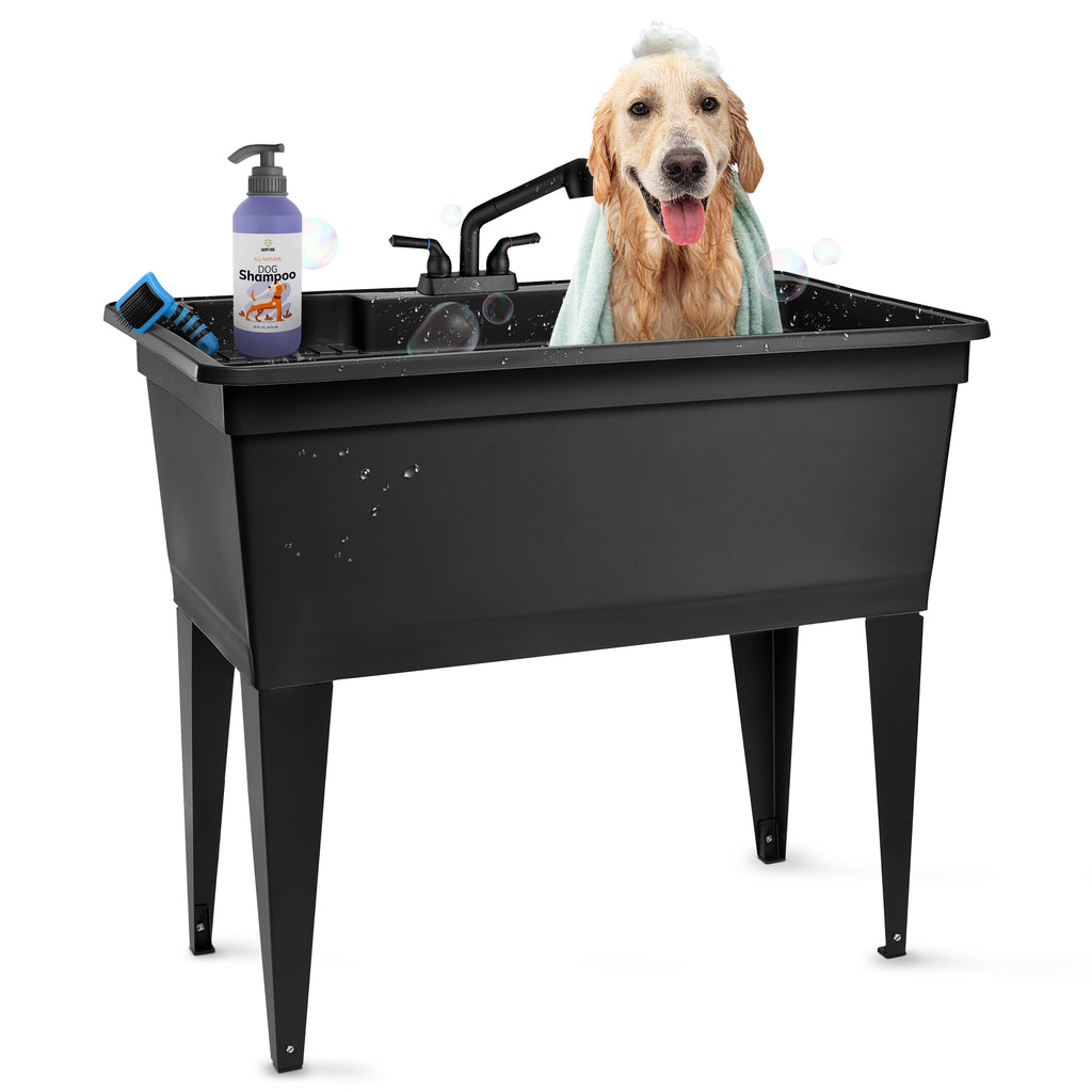 Tehila Freestanding Double-Wide Black Utility Sink with Steel Legs